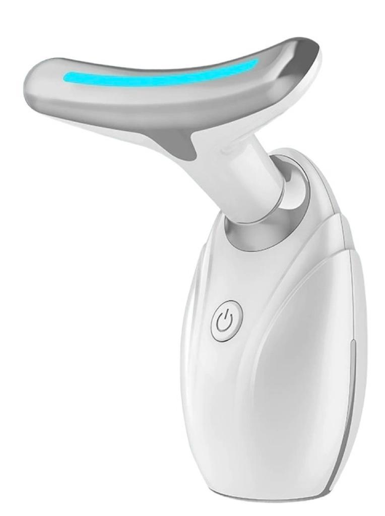 White electronic device with a blue light on a white background