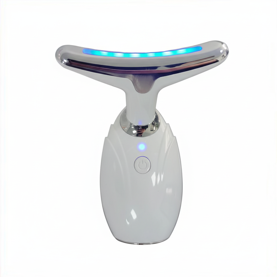 White facial cleansing brush with blue LED lights on a white background
