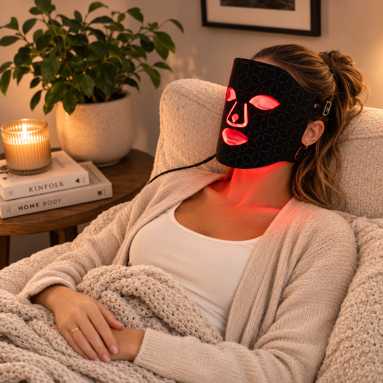 Solfold LED face mask in black with LEDs illuminated
