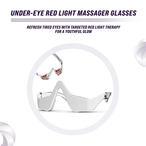 White under-eye red light massager glasses with text on a white background