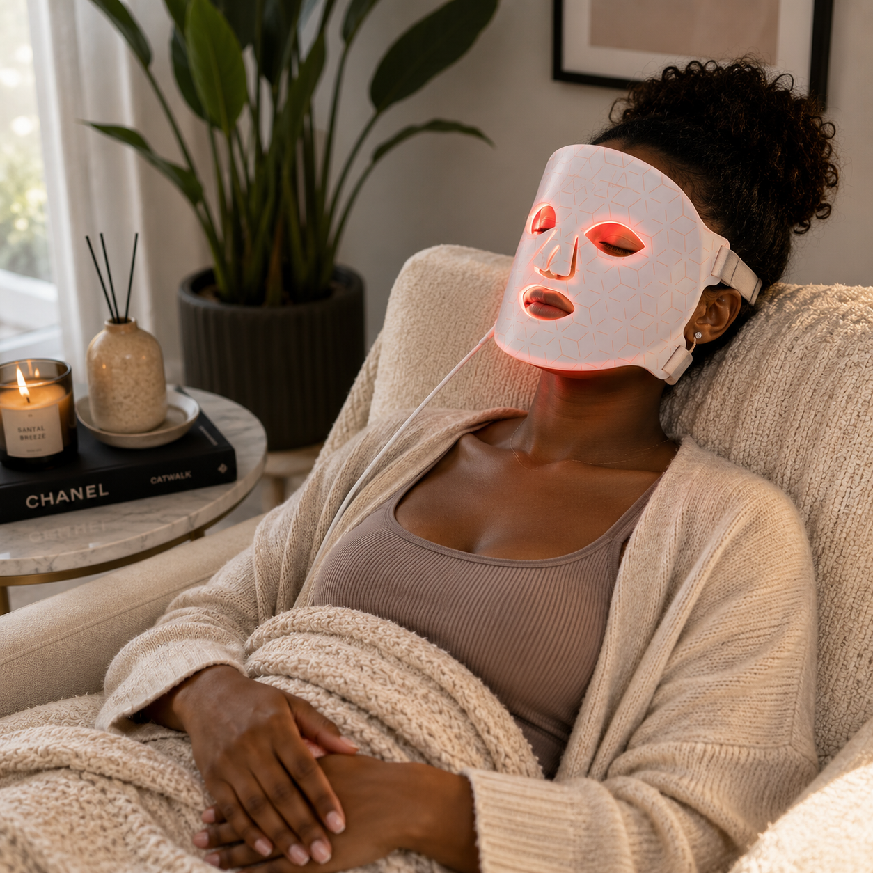 Solfold LED face mask in white with LEDs illuminated